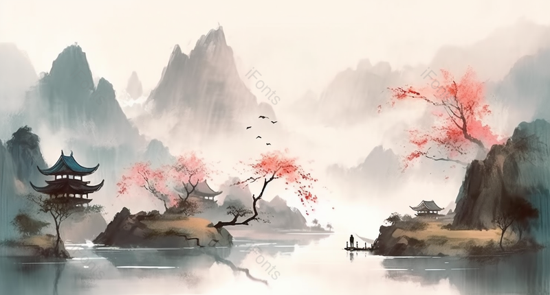 亭子新中式水彩山水背景图,插画/手绘图,插画/手绘图库,插画/手绘图下载,插画/手绘